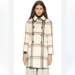 Club Monaco Wool Plaid Pea Coat Cream/Black Double-Breasted Women’s size Small